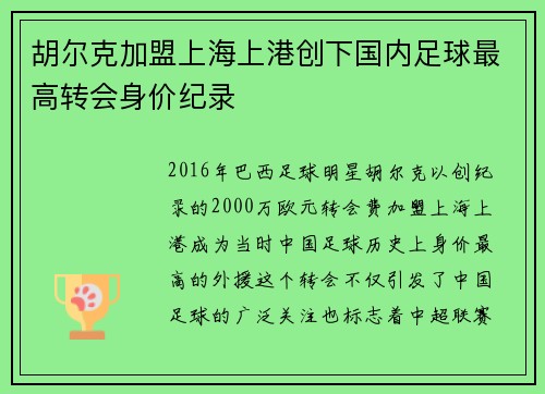 胡尔克加盟上海上港创下国内足球最高转会身价纪录 胡尔克加盟上海上港创下国内足球最高转会身价纪录